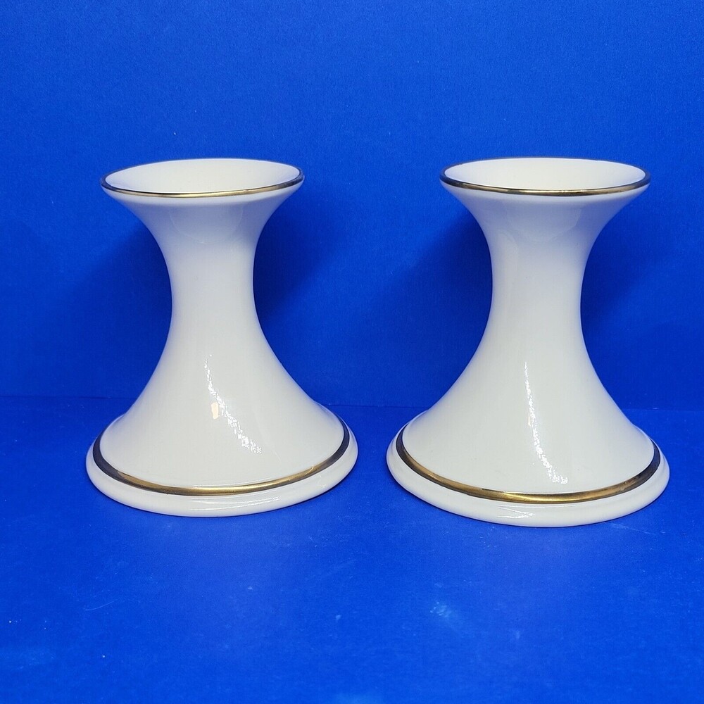 Lenox Eternal Cream Candlesticks Holders 24K Gold Hand Decorated pair